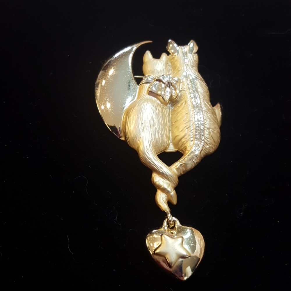 Vintage Love Cats Moon Heart Dangle Brooch AJC